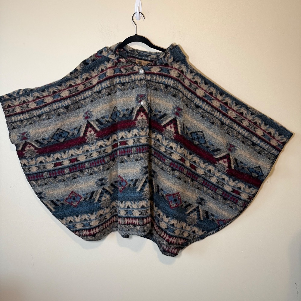 Wool Women's Poncho XL/2X Blue Burgundy Southwestern Hooded Cape Rustic Aztec